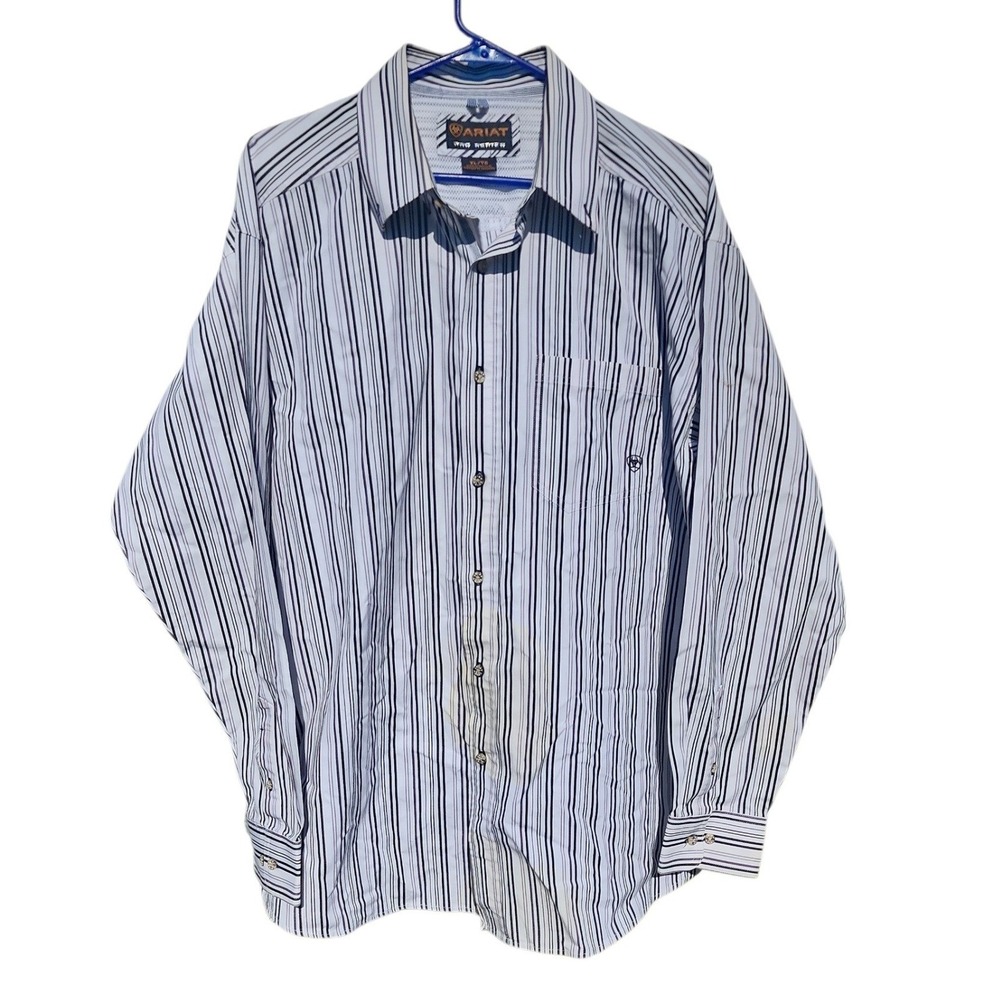 Ariat Pro Series Men XL Striped Western Button Down Shirt Long Sleeve Blue White